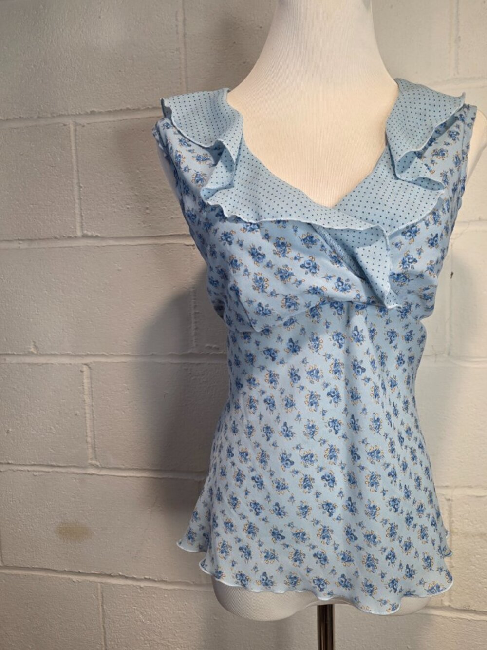 y2k Coastal Cowgirl Baby Blue Floral & Polka Dot Flowy Babydoll Summery Blouse
